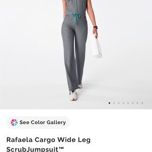 Figs Rafaela Cargo Wide Leg Scrub Jumpsuit in Graphite with Teal Drawstring